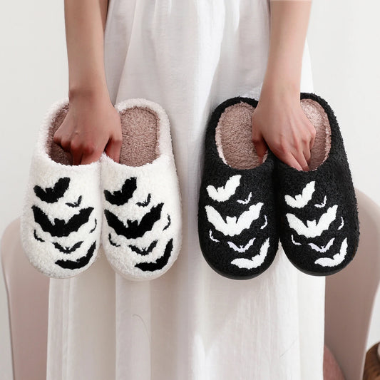 Bat Embroidered Halloween Slippers – Plush Thick-Soled Indoor Shoes
