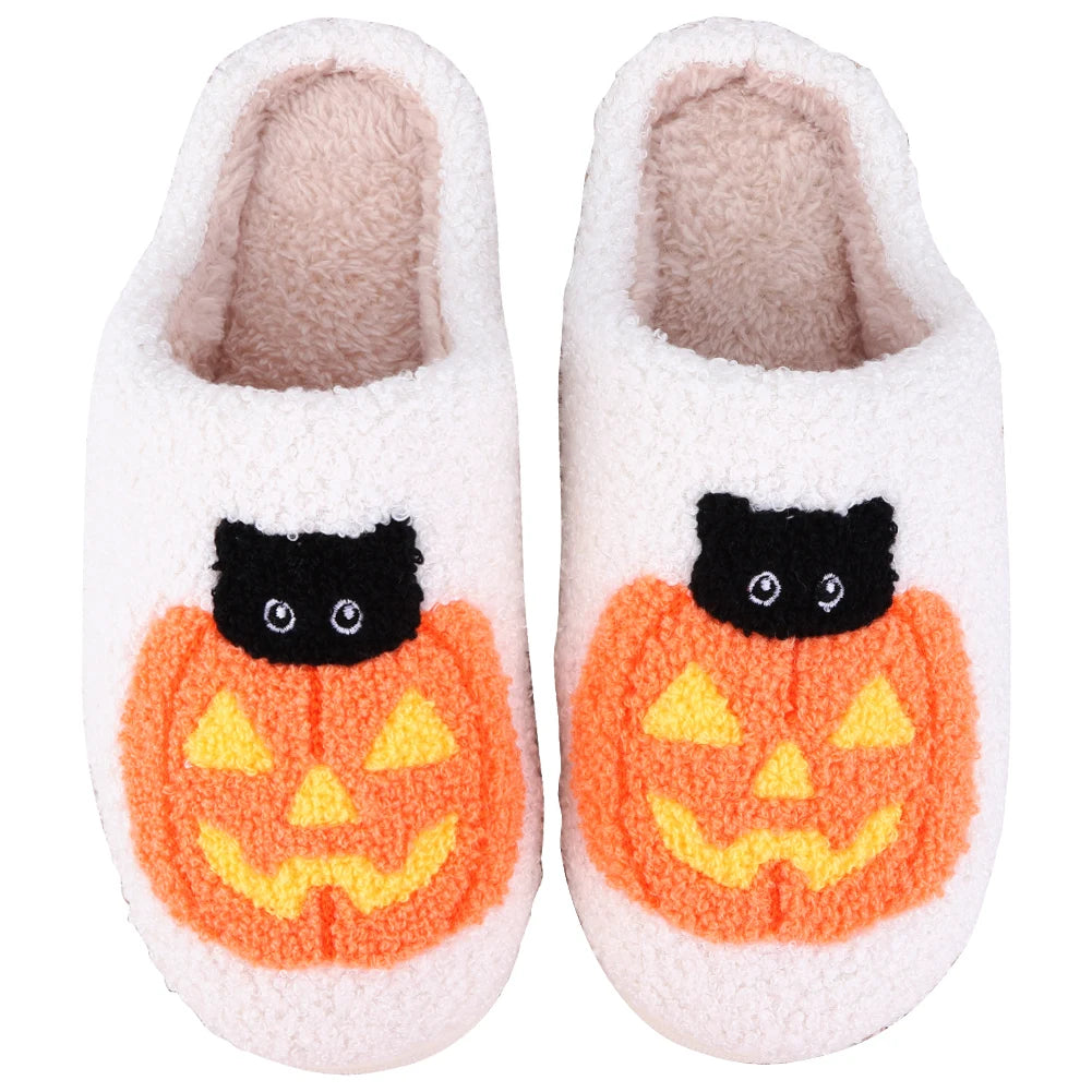 Pumpkin Cat Plush Slippers – Fuzzy Closed-Toe Indoor Shoes