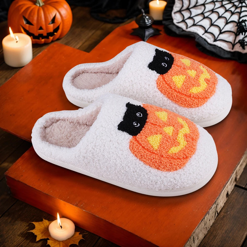 Pumpkin Cat Plush Slippers – Fuzzy Closed-Toe Indoor Shoes