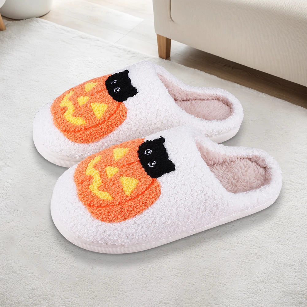 Pumpkin Cat Plush Slippers – Fuzzy Closed-Toe Indoor Shoes
