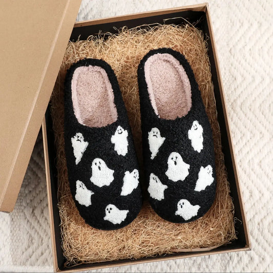 Black Ghost Pattern Slippers – Non-Slip Halloween Indoor Slides